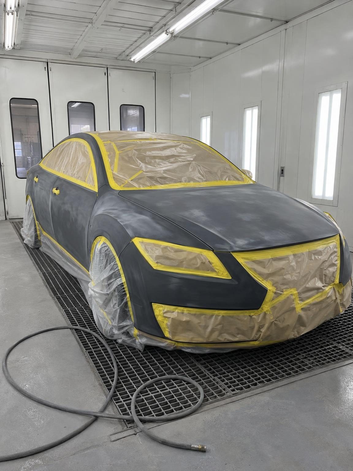 Charcoal sedan masked in paper and plastic inside the paint booth