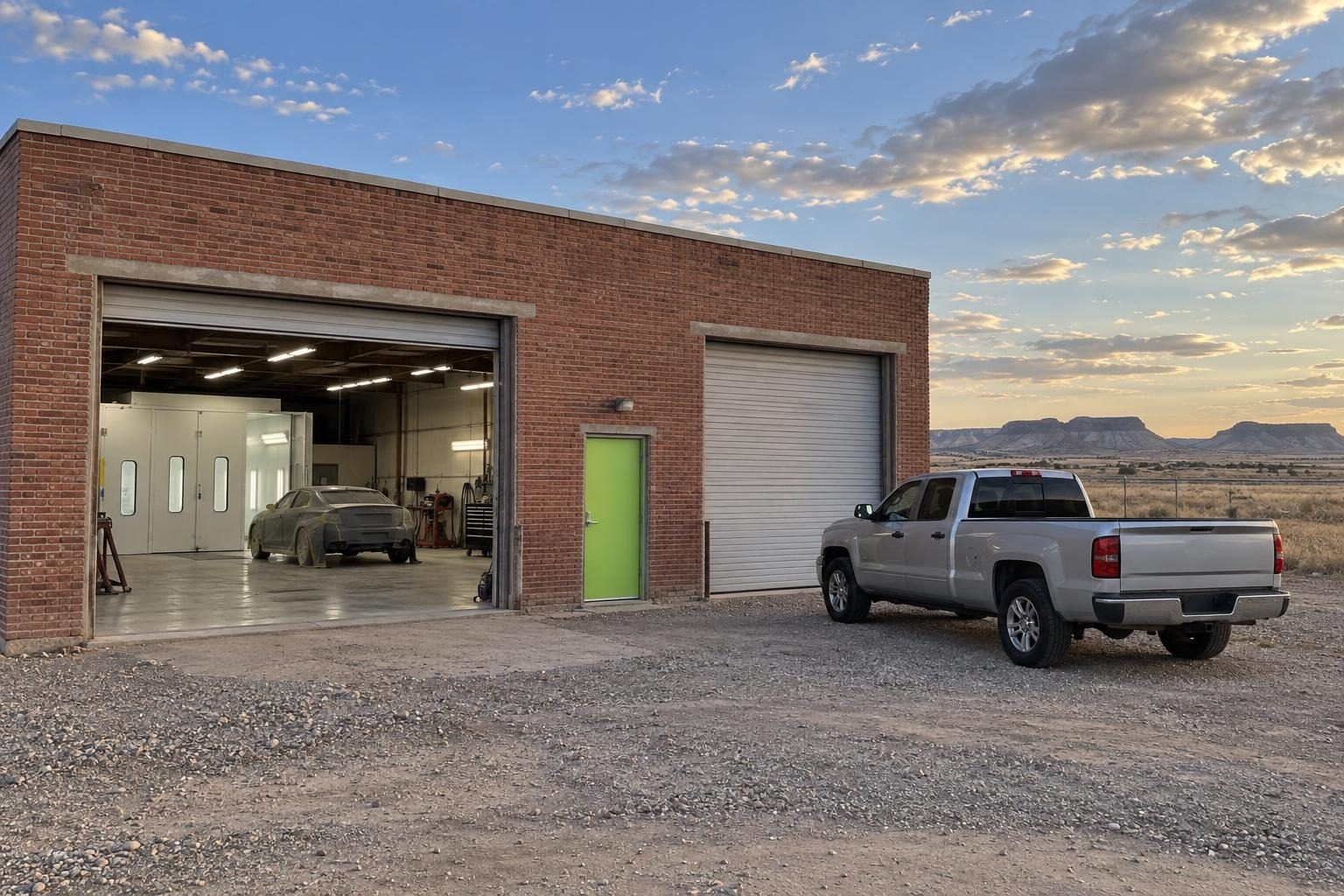 The red-brick shop with two steel roll-up doors and a lime-green side door, a silver pickup out front