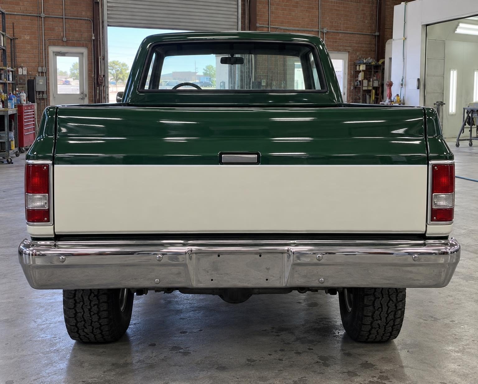 The same tailgate after: hunter green over bone white, glossy