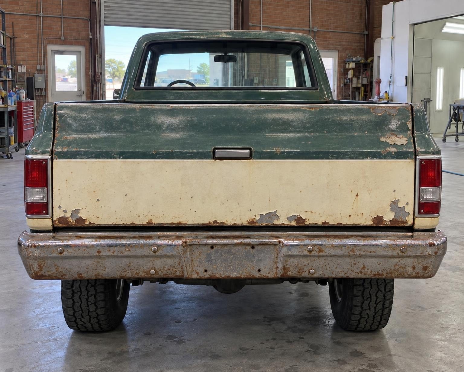 Square-body pickup tailgate before: faded and peeling paint and a rusty bumper